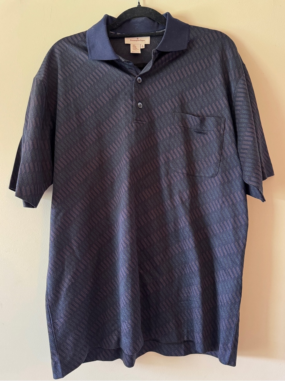 Ermenegildo Zegna Navy Blue Geometric Jacquard Polo Shirt Size L IT 52 Luxury